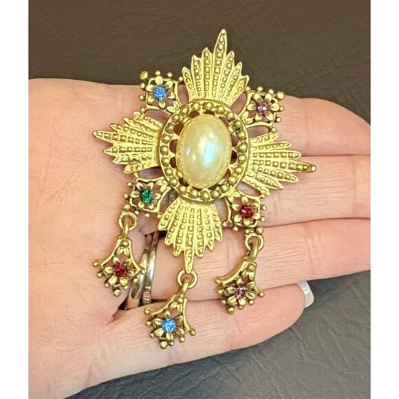 Vintage Maltese Cross Faux Pearl and Multicolor Rhinestones Byzantine Brooch - Picture 4 of 6